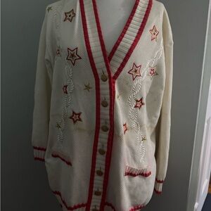 Escada Magaretha Rey Cream and Red Star Embroidered Cardigan. Heavily soiled
